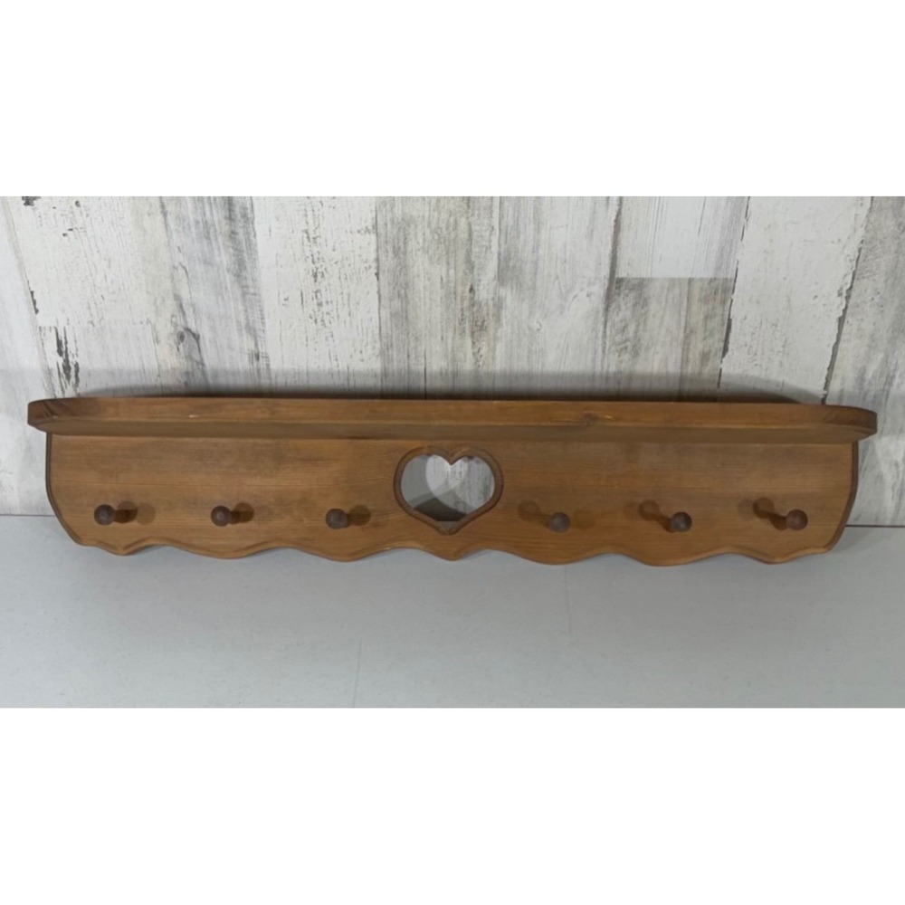 Wooden Wall Shelf 30" 6 Peg Rack Heart Cutoff Scalloped Edge Country Farm Rustic